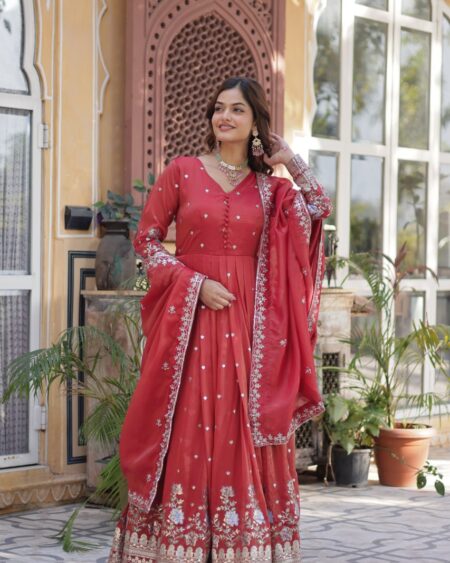 Women's Festive Rust Red Anarkali Gown with Intricate Silver Zari & Sequin Embroidery – Complete with Embroidered Dupatta