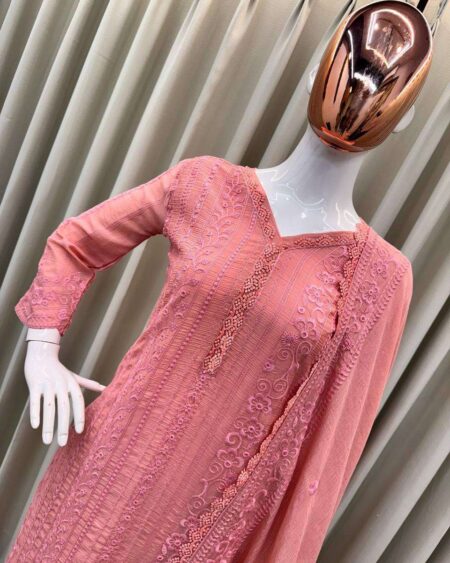 Women's Chinon Silk with Cotton Thread Embroidery Straight Kurti With Pant and Dupatta set