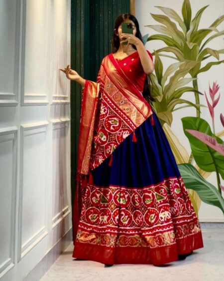 Women's Stitched Tussar Silk Patola Print Lehenga Choli Dupatta Set